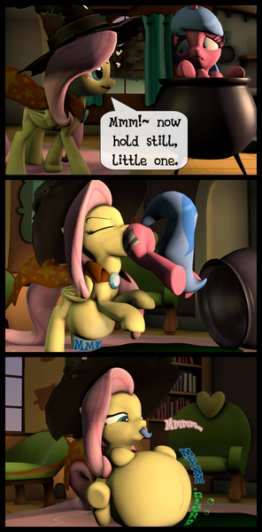 Size: 790x1600 | Tagged: grimdark, questionable, artist:augustbebel, artist:optica, banned from derpibooru, deleted from derpibooru, derpibooru import, fluttershy, oc, oc:optica, 3d, belly, comic, digestion, fetish, flutterpred, licking, licking lips, source filmmaker, stomach noise, swallowing, throat bulge, tongue out, vore