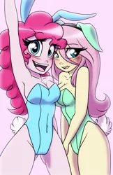 Size: 800x1236 | Tagged: dead source, suggestive, artist:ashleynicholsart, banned from derpibooru, deleted from derpibooru, derpibooru import, fluttershy, pinkie pie, equestria girls, armpits, blushing, breasts, bunny ears, bunny suit, busty fluttershy, busty pinkie pie, cleavage, clothes, female, females only, image, leotard, looking at you, open mouth, playboy, playboy bunny, playboy bunny fluttershy, playboy bunny pinkie pie, png, race swap, underass