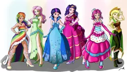 Size: 1883x1068 | Tagged: safe, artist:the-park, banned from derpibooru, deleted from derpibooru, derpibooru import, applejack, fluttershy, pinkie pie, rainbow dash, rarity, twilight sparkle, human, armpits, clothes, dress, gala dress, high heels, humanized, mane six, shoes, side slit