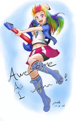 Size: 2053x3293 | Tagged: safe, artist:the-park, banned from derpibooru, deleted from derpibooru, derpibooru import, rainbow dash, human, belly button, clothes, guitar, humanized, midriff, musical instrument, skirt, solo