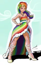 Size: 1080x1711 | Tagged: safe, artist:the-park, banned from derpibooru, deleted from derpibooru, derpibooru import, rainbow dash, human, armpits, clothes, dress, gala dress, high heels, humanized, shoes, solo