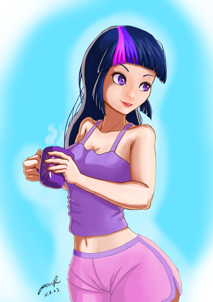 Size: 2480x3508 | Tagged: safe, artist:the-park, banned from derpibooru, deleted from derpibooru, derpibooru import, twilight sparkle, human, belly button, clothes, coffee, coffee mug, humanized, midriff, mug, shorts, smiling, solo, tanktop