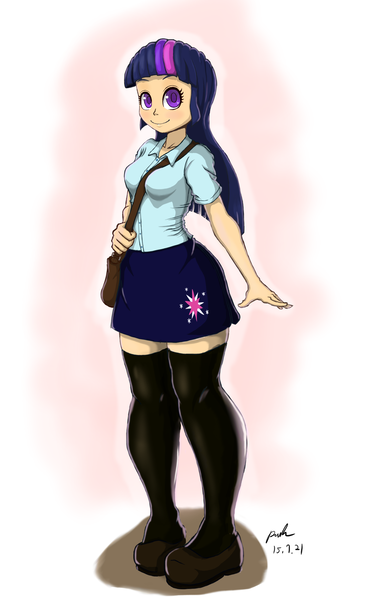 Size: 1936x3127 | Tagged: safe, artist:the-park, banned from derpibooru, deleted from derpibooru, derpibooru import, twilight sparkle, human, equestria girls, clothes, humanized, shirt, skirt, smiling, socks, solo, thigh highs