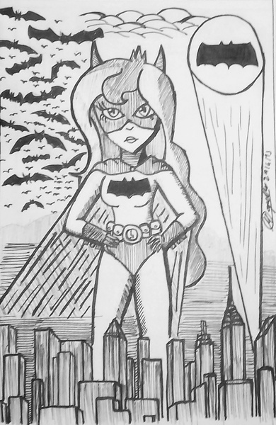 Size: 2102x3237 | Tagged: safe, artist:atisuto17, banned from derpibooru, deleted from derpibooru, derpibooru import, princess luna, equestria girls, batgirl, batman, female, gotham city, gotham knight, i am the night, monochrome, night, solo, superhero, the dark knight, traditional art, vice principal luna