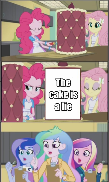 Size: 640x1069 | Tagged: safe, banned from derpibooru, deleted from derpibooru, derpibooru import, fluttershy, pinkie pie, princess cadance, princess celestia, princess luna, equestria girls, friendship games, dean cadance, exploitable meme, inside the cake meme, meme, portal (valve), principal celestia, the cake is a lie, vice principal luna