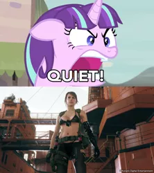 Size: 1920x2160 | Tagged: suggestive, banned from derpibooru, deleted from derpibooru, derpibooru import, starlight glimmer, bad pun, belly button, caption, image macro, meme, metal gear, metal gear solid, metal gear solid 5, midriff, obligatory pony, pun, quiet, ragelight glimmer, text