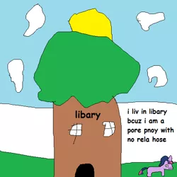 Size: 514x514 | Tagged: safe, artist:dellovan, banned from derpibooru, deleted from derpibooru, derpibooru import, twilight sparkle, comic sans, golden oaks library, library, ms paint, stylistic suck