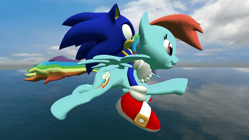 Size: 1600x900 | Tagged: safe, artist:nightblader, banned from derpibooru, deleted from derpibooru, derpibooru import, rainbow dash, 3d, anthros riding ponies, crossover, flying, gmod, image, jpeg, sonic the hedgehog, sonic the hedgehog (series)