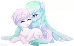 Size: 1024x637 | Tagged: safe, artist:pastelmistress, banned from derpibooru, deleted from derpibooru, derpibooru import, oc, oc:amaranthine sky, oc:reverie, unofficial characters only, pegasus, pony, unicorn, crossed hooves, cuddling, digital art, eyes closed, female, glasses, gradient mane, gradient tail, horn, lesbian, lying down, mare, oc x oc, open mouth, shipping, signature, simple background, smiling, snuggling, white background, wings