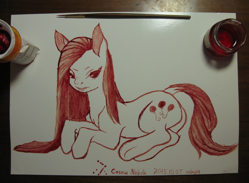 Size: 3184x2346 | Tagged: grimdark, artist:crookedtrees, artist:kopaleo, banned from derpibooru, deleted from derpibooru, derpibooru import, pinkie pie, blood, blood art, monochrome, paintbrush, photo, pinkamena diane pie, prescription, solo, traditional art