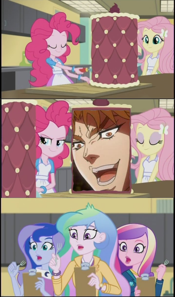 Size: 605x1024 | Tagged: safe, banned from derpibooru, deleted from derpibooru, derpibooru import, edit, pinkie pie, princess cadance, princess celestia, princess luna, equestria girls, friendship games, cake, caption, dean cadance, dio brando, exploitable meme, food, image macro, inside the cake meme, it was me, jojo's bizarre adventure, meme, phantom blood, principal celestia, text, vice principal luna