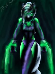 Size: 954x1280 | Tagged: safe, artist:jbvonherb, banned from derpibooru, deleted from derpibooru, derpibooru import, radiance, rarity, anthro, blades, corrupted, glowing eyes, power ponies, solo