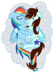 Size: 700x945 | Tagged: safe, artist:linormusicbeatmlp, banned from derpibooru, deleted from derpibooru, derpibooru import, rainbow dash, oc, oc:linormusicbeat, pegasus, cloud, cuddling, cute, dashabetes, eyes closed, floppy ears, friends, hug, intertwined tails, simple background, smiling, snuggling, tail, vector