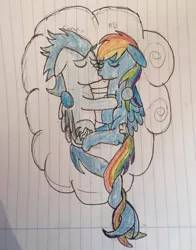 Size: 466x595 | Tagged: safe, artist:linormusicbeatpone, banned from derpibooru, deleted from derpibooru, derpibooru import, rainbow dash, soarin', backwards cutie mark, cloud, cuddling, cute, drawing, eyes closed, female, hug, intertwined tails, kissing, lined paper, male, old cutie mark, shipping, snuggling, soarindash, straight, tail, traditional art, uncolored cutie marks