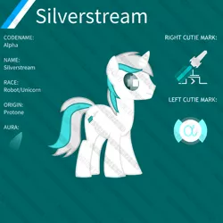 Size: 1000x1000 | Tagged: safe, artist:robotow, banned from derpibooru, deleted from derpibooru, derpibooru import, oc, oc:silverstream, unofficial characters only, pony, robot, unicorn, reference sheet, watermark