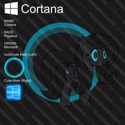 Size: 1000x1000 | Tagged: safe, artist:robotow, banned from derpibooru, deleted from derpibooru, derpibooru import, oc, oc:cortana the pony, unofficial characters only, pegasus, pony, arial, cortana, microsoft, reference sheet, watermark, windows, windows 10