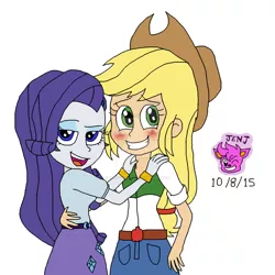 Size: 1024x1025 | Tagged: safe, artist:resotii, banned from derpibooru, deleted from derpibooru, derpibooru import, applejack, rarity, equestria girls, belt, blushing, clothes, cowboy hat, denim skirt, duo, female, freckles, hat, lesbian, looking at you, open mouth, rarijack, shipping, skirt, stetson, watermark