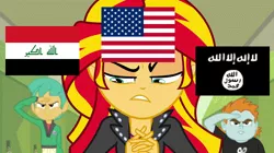 Size: 500x280 | Tagged: safe, banned from derpibooru, deleted from derpibooru, derpibooru import, snails, snips, sunset shimmer, equestria girls, flag, iraq, islamic state, united states