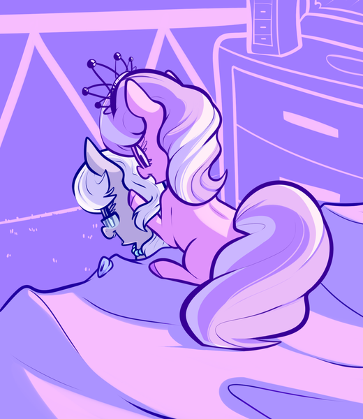 Size: 1582x1825 | Tagged: safe, artist:handsockz, banned from derpibooru, deleted from derpibooru, derpibooru import, diamond tiara, silver spoon, bed, hair styling