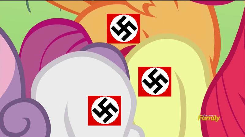 Size: 1280x718 | Tagged: safe, banned from derpibooru, deleted from derpibooru, derpibooru import, edit, apple bloom, scootaloo, sweetie belle, crusaders of the lost mark, cutie mark, cutie mark crusaders, nazi, swastika