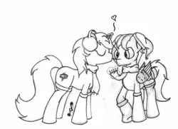 Size: 2063x1495 | Tagged: safe, artist:hollownote, banned from derpibooru, deleted from derpibooru, derpibooru import, oc, oc:gyro tech, oc:seaward skies, unofficial characters only, unicorn, boots, clothes, hat, male, monochrome, scarf, shoes, sketch, traditional art