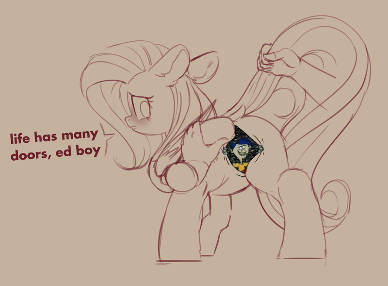 Size: 2357x1736 | Tagged: suggestive, artist:yoditax, edit, editor:moonatik, fluttershy, pegasus, pony, blushing, cursed image, disembodied hand, dock, ed edd n eddy, hand, life has many doors, looking back, meme, monochrome, raised tail, rolf, simple background, spreading, tail, tail pull, text, wat, wings
