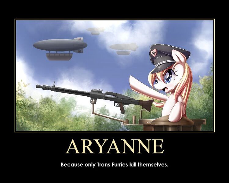Size: 800x640 | Tagged: safe, artist:aryanne, oc, oc:aryanne, unofficial characters only, earth pony, pony, airship, aryan pony, demotivational poster, fascism, female, forest, gun, hat, heil, machine gun, mg-42, nazi, salute, sieg heil, sky, solo, starry eyes, swastika, tank (vehicle), weapon, wingding eyes, zeppelin