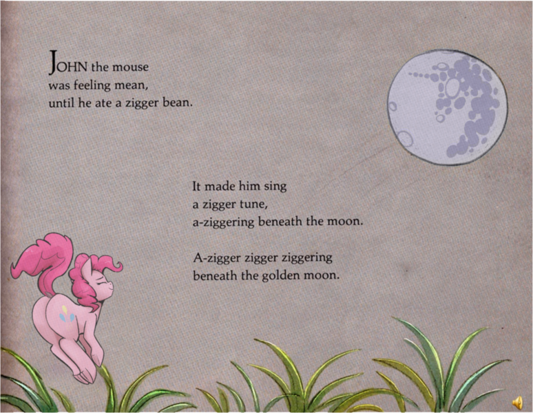 Size: 1114x864 | Tagged: safe, anonymous editor, artist:diane redfield massie, author:diane redfield massie, edit, twibooru exclusive, pinkie pie, pony, book, eyes closed, female, image, mare in the moon, moon, png, solo, text, written word, zigger, zigger beans, ziggers