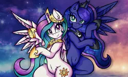 Size: 2048x1229 | Tagged: safe, artist:canvymamamoo, princess celestia, princess luna, alicorn, pony, belly button, blushing, duo, ear fluff, female, hoof shoes, jewelry, lidded eyes, looking at you, mare, peytral, regalia, royal sisters, siblings, sisters, smiling, stars