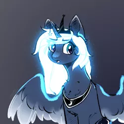 Size: 2049x2049 | Tagged: safe, artist:wolfythewolf555, princess luna, alicorn, pony, chest fluff, crown, female, glowing mane, high res, i can't believe it's not magnaluna, jewelry, large wings, looking at you, mare, open mouth, regalia, solo, spread wings, wings