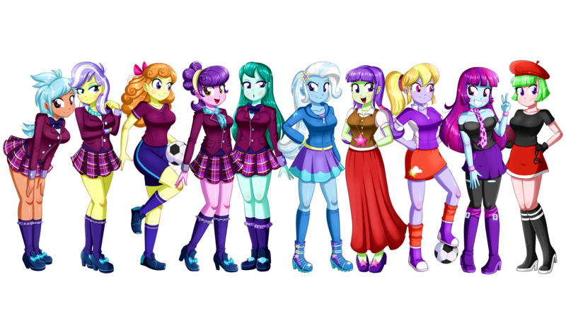 Size: 4390x2467 | Tagged: source needed, safe, artist:the-butch-x, derpibooru import, edit, cloudy kicks, cold forecast, drama letter, frosty orange, mystery mint, orange sherbette, starlight, suri polomare, trixie, upper crust, watermelody, equestria girls, :o, background human, ball, beautiful, beret, blushing, book, boots, breasts, busty mystery mint, busty orange sherbette, clothes, crystal prep academy uniform, cute, ear piercing, earring, eyelashes, eyeshadow, female, football, grin, group photo, hand on hip, hands behind back, hat, high heel boots, holding, hoodie, image, jacket, jewelry, legs, lidded eyes, long skirt, looking at you, makeup, necklace, open mouth, peace sign, pearl necklace, piercing, plaid skirt, pleated skirt, png, raised eyebrow, raised leg, scarf, school uniform, shipping, shirt, shoes, shorts, simple background, skirt, smiling, socks, sports, sports shorts, suribetes, teeth, transparent background