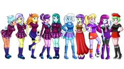 Size: 4390x2467 | Tagged: source needed, safe, artist:the-butch-x, derpibooru import, edit, cloudy kicks, cold forecast, drama letter, frosty orange, mystery mint, orange sherbette, starlight, suri polomare, trixie, upper crust, watermelody, equestria girls, :o, background human, ball, beautiful, beret, blushing, book, boots, breasts, busty mystery mint, busty orange sherbette, clothes, crystal prep academy uniform, cute, ear piercing, earring, eyelashes, eyeshadow, female, football, grin, group photo, hand on hip, hands behind back, hat, high heel boots, holding, hoodie, image, jacket, jewelry, legs, lidded eyes, long skirt, looking at you, makeup, necklace, open mouth, peace sign, pearl necklace, piercing, plaid skirt, pleated skirt, png, raised eyebrow, raised leg, scarf, school uniform, shipping, shirt, shoes, shorts, simple background, skirt, smiling, socks, sports, sports shorts, suribetes, teeth, transparent background