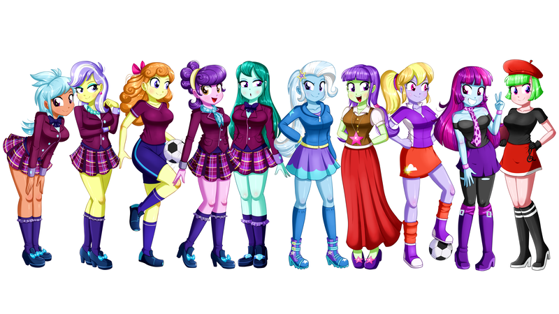 Size: 4390x2467 | Tagged: source needed, safe, alternate version, artist:the-butch-x, derpibooru import, edit, cloudy kicks, cold forecast, drama letter, frosty orange, mystery mint, orange sherbette, starlight, suri polomare, trixie, upper crust, watermelody, equestria girls, :o, background human, ball, beautiful, beret, blushing, book, boots, breasts, busty mystery mint, busty orange sherbette, clothes, crystal prep academy uniform, cute, ear piercing, earring, eyelashes, eyeshadow, female, football, grin, group photo, hand on hip, hands behind back, hat, high heel boots, holding, hoodie, image, jacket, jewelry, legs, lidded eyes, long skirt, looking at you, makeup, necklace, open mouth, peace sign, pearl necklace, piercing, plaid skirt, pleated skirt, png, raised eyebrow, raised leg, scarf, school uniform, shipping, shirt, shoes, shorts, simple background, skirt, smiling, socks, sports, sports shorts, suribetes, teeth, white background