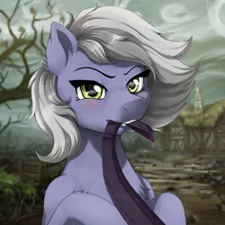 Size: 2000x2000 | Tagged: source needed, safe, artist:evomanaphy, edit, editor:tiffortat, editor:v3ga, unauthorized edit, limestone pie, earth pony, pony, blushing, female, image, leash, looking at you, mare, mouth hold, offscreen character, png, pov, rock farm, solo, viewer on leash