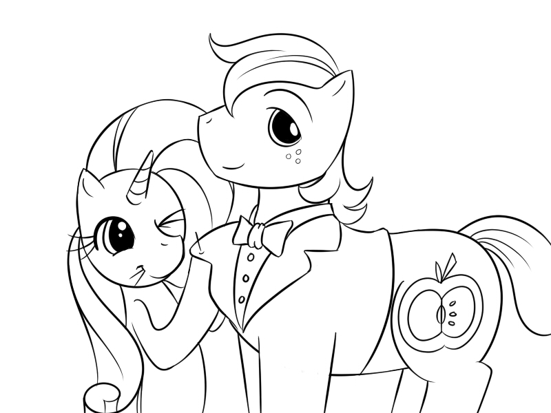 Size: 800x600 | Tagged: applejack, artist:kloudmutt, clothes, female, lineart, male, mare, needle, one eye closed, ponibooru import, rarity, safe, sewing, simple background, stallion, tuxedo, white background