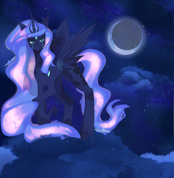 Size: 1442x1482 | Tagged: safe, artist:clefficia, princess luna, alicorn, pony, cloud, crescent moon, crying, female, looking at you, mare, moon, night, solo