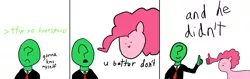 Size: 3689x1166 | Tagged: safe, artist:2merr, pinkie pie, oc, oc:anon, earth pony, human, pony, /mlp/, 3 panel comic, 4chan, comic, dialogue, duo, female, male, mare, simple background, smiling, stylistic suck, thumbs up, white background