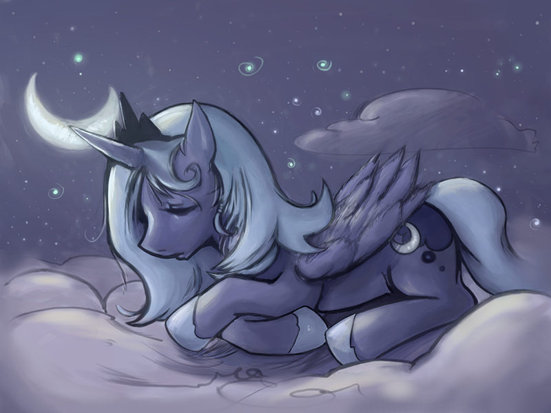 Size: 900x675 | Tagged: safe, artist:luna sedata, ponibooru import, princess luna, alicorn, pony, cloud, female, moon, night, sad, solo, stars