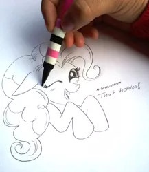 Size: 480x554 | Tagged: artist needed, safe, ponibooru import, pinkie pie, human, pony, drawing, fourth wall, irl, lineart, one eye closed, photo, smiling, text, traditional art