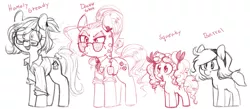 Size: 1337x585 | Tagged: safe, artist:whydomenhavenipples, oc, oc:barrel, oc:double shot, oc:homely steady, oc:squeaky, unofficial characters only, earth pony, pony, cb radio, cigarette, clothes, female, filly, glasses, looking at you, mare, open mouth, police, simple background, sketch, smoking, white background