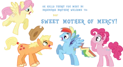 Size: 2707x1484 | Tagged: applejack, applejack (male), artist needed, bubble berry, butterscotch, caption, fluttershy, male, not applejack (female), not fluttershy, not pinkie pie, not rainbow dash, open mouth, pinkie pie, ponibooru import, rainbow blitz, rainbow dash, rule 63, safe, shocked, simple background, source needed, stallion, text, transparent background, unshorn fetlocks