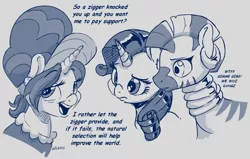 Size: 944x602 | Tagged: source needed, safe, artist:dilarus, edit, editor:edits of hate, cookie crumbles, rarity, zecora, pony, unicorn, zebra, black and white, female, grayscale, image, jpeg, mare, natural selection, racism, simple background, vulgar, we wuz kings, white background, zigger