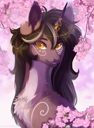 Size: 1476x2000 | Tagged: safe, artist:magicbalance, oc, oc:rivibaes, unofficial characters only, pony, unicorn, bust, female, flower, fluffy, horn, horn jewelry, jewelry, mare, necklace, portrait, rcf community, solo