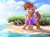 Size: 1507x1130 | Tagged: safe, artist:rexyseven, oc, oc:rusty gears, unofficial characters only, earth pony, pony, beach, blurred background, chest fluff, clothes, female, floaty, floppy ears, frown, looking down, mare, ocean, sand, scared, scenery, shrunken pupils, sock, socks, solo, striped socks, tree, water, water wings
