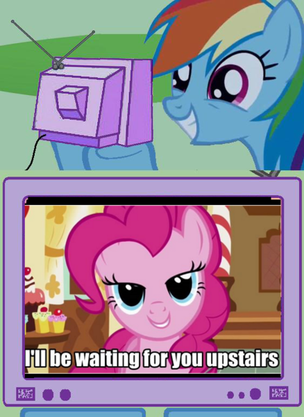 Size: 563x771 | Tagged: source needed, suggestive, ponibooru import, pinkie pie, rainbow dash, earth pony, pegasus, pony, bedroom eyes, exploitable meme, female, implied lesbian, looking at you, mare, meme, smiling, television, tv meme