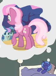 Size: 666x904 | Tagged: artist needed, source needed, safe, ponibooru import, bon bon, cheerilee, princess luna, sweetie drops, alicorn, earth pony, pony, bed, blanket, butt, dream, female, females only, lesbian, mare, open mouth, plot, s1 luna, sleeping, smiling, stage