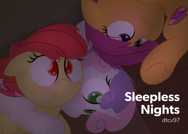 Size: 2800x2000 | Tagged: suggestive, artist:dtcx97, apple bloom, scootaloo, sweetie belle, earth pony, pegasus, pony, unicorn, art pack:sleepless nights, blushing, cutie mark crusaders, female, filly, title card