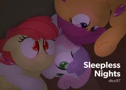 Size: 2800x2000 | Tagged: suggestive, artist:dtcx97, apple bloom, scootaloo, sweetie belle, earth pony, pegasus, pony, unicorn, art pack:sleepless nights, blushing, cutie mark crusaders, female, filly, title card