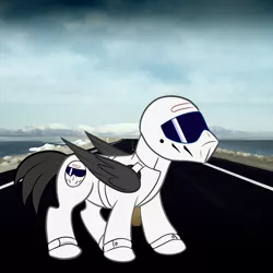 Size: 700x700 | Tagged: safe, ponibooru import, ponified, pegasus, pony, clothes, crossover, flight suit, helmet, male, outdoors, road, stallion, the stig, top gear