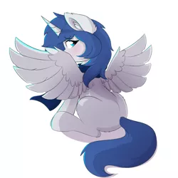 Size: 2000x2000 | Tagged: source needed, safe, artist:rileyisherehide, banned from derpibooru, paywalled source, oc, oc:prince nova, unofficial characters only, alicorn, pony, blushing, hiding behind wing, looking at you, looking back, looking back at you, male, shy, simple background, sitting, solo, solo male, solo stallion, spread wings, stallion, white background, wings